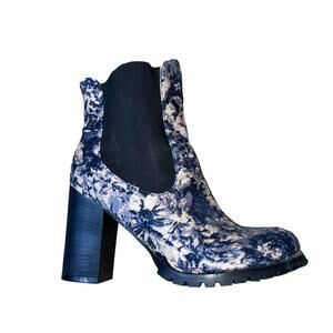 Kling Chelsea ankle fabric upper chunky block heel elastic blue floral SZ 7.5